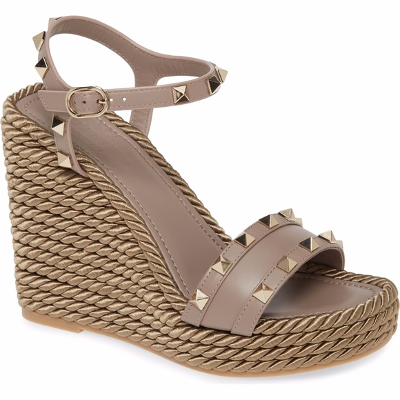 Valentino Shoes - VALENTINO Rockstud Thorchon Espadrille Wedge Taupe